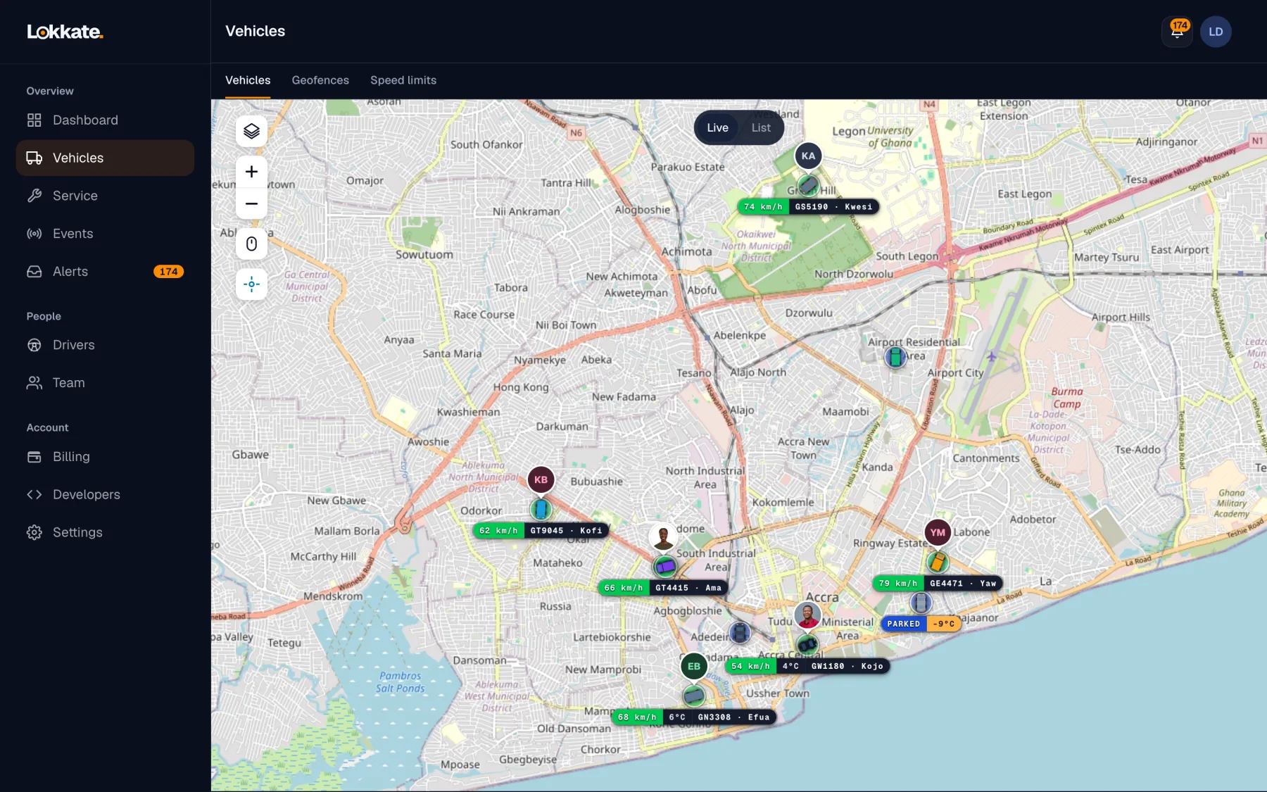 The Lokkate live map on a laptop: vehicles across Accra, each labelled with its speed, plate and driver, two showing their cargo temperature