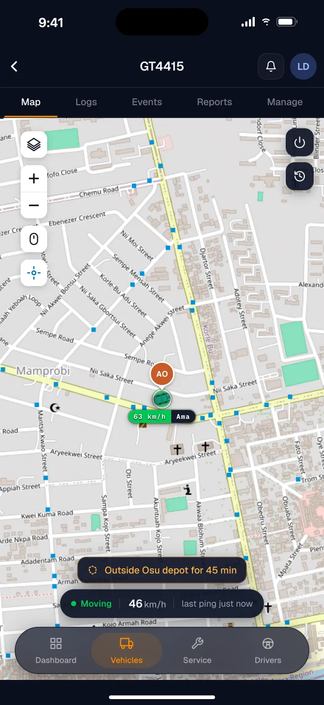 GT4415 on the map with its driver, moving at 46 km/h and outside Osu depot for 45 minutes
