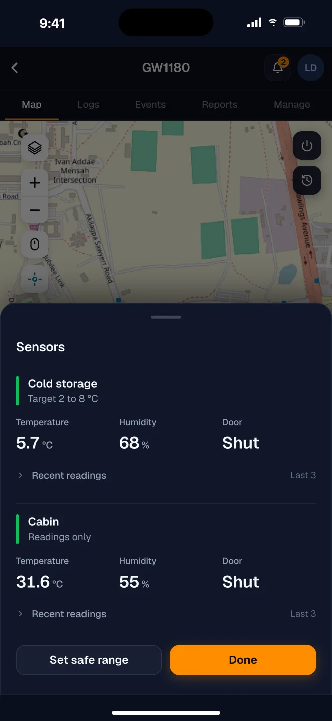 Sensors on GW1180: cold storage at 5.7°C with a 2 to 8°C target, 68% humidity, door shut, and a cabin reading below