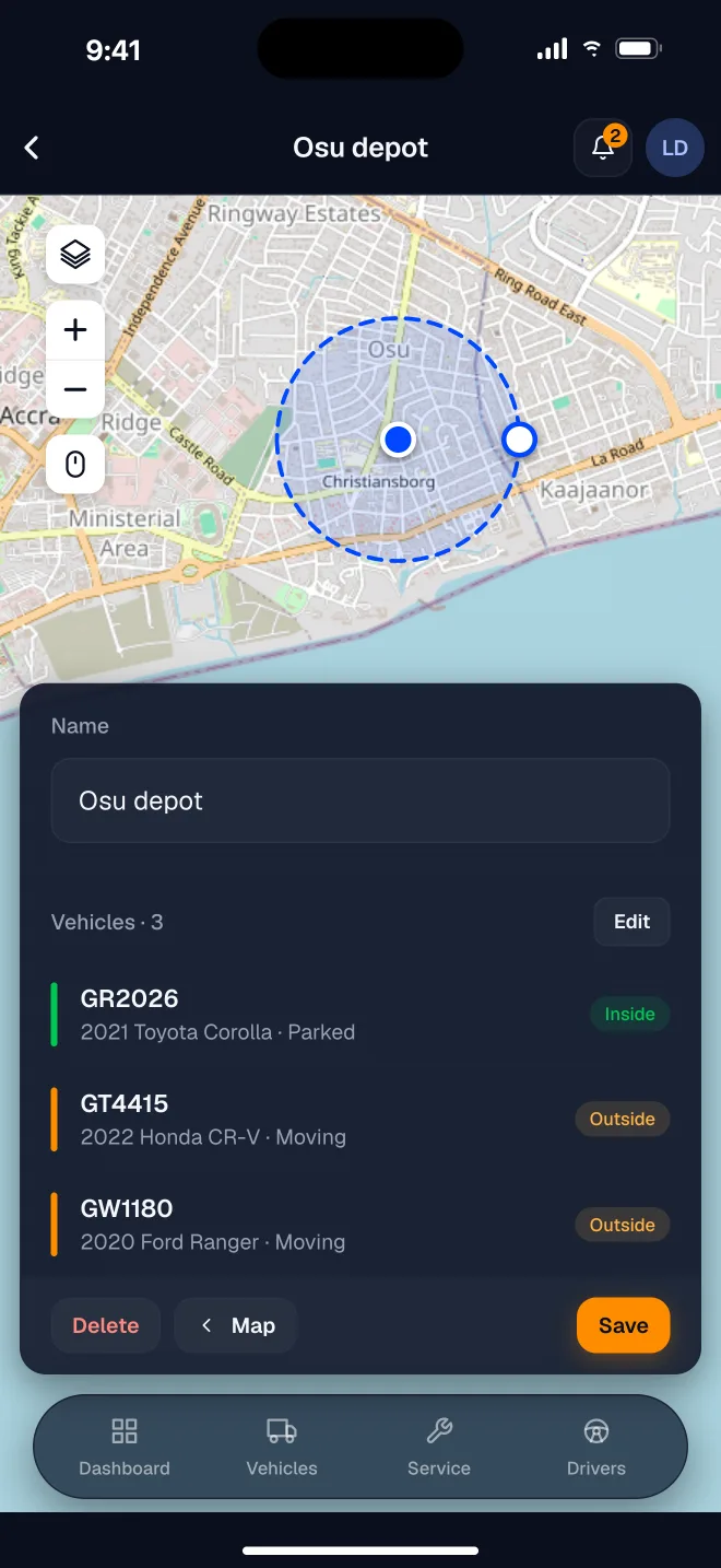 A circular geofence over Osu depot listing three vehicles, one inside and two outside