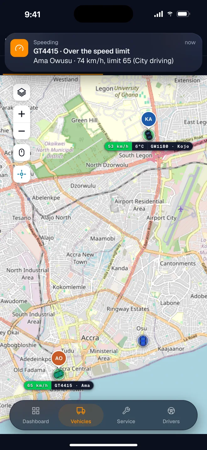 The live map with a speeding alert at the top: GT4415, Ama Owusu, 74 km/h, limit 65 for city driving