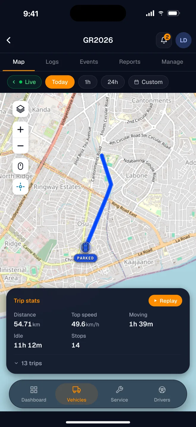 Today's trip stats for GR2026: 54.71 km, top speed 49.6 km/h, 14 stops, with its route drawn on the map and a replay button